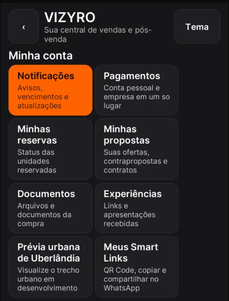 Central do comprador no aplicativo com notificações, pagamentos, reservas, propostas, documentos e Smart Links