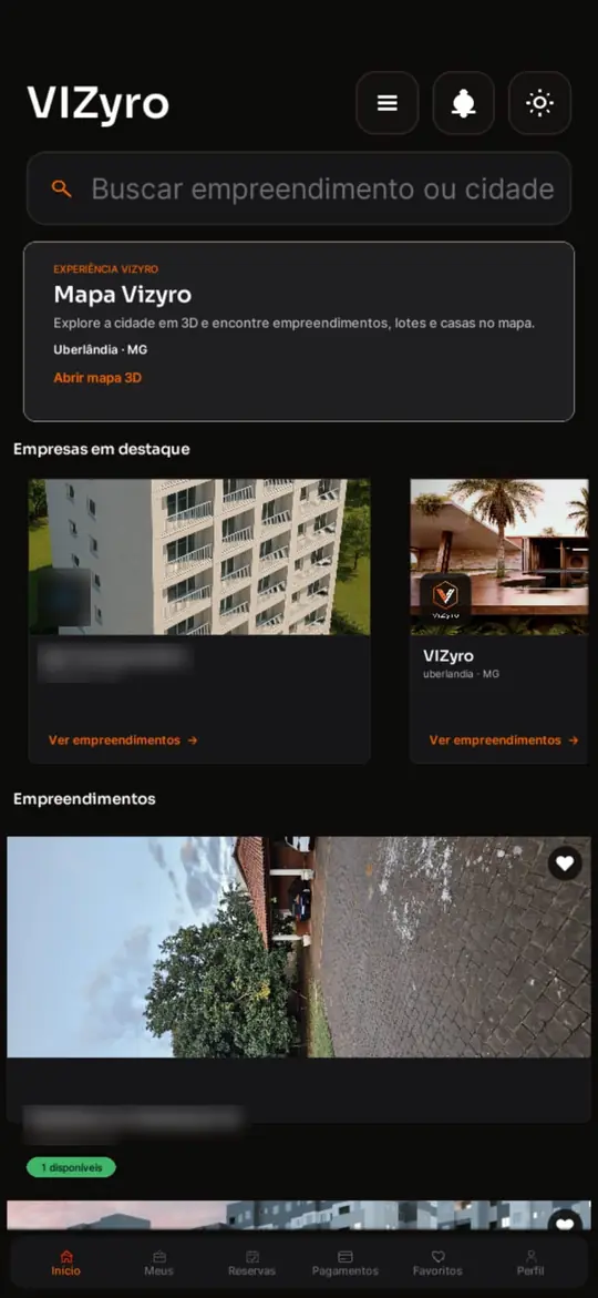 Tela inicial do aplicativo Vizyro com o card Mapa Vizyro para explorar a cidade em 3D