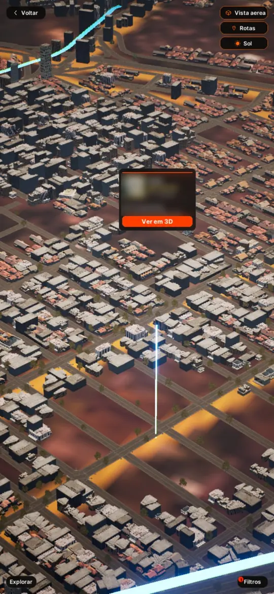 Pino de empreendimento no mapa 3D da cidade com o card e o botão Ver em 3D
