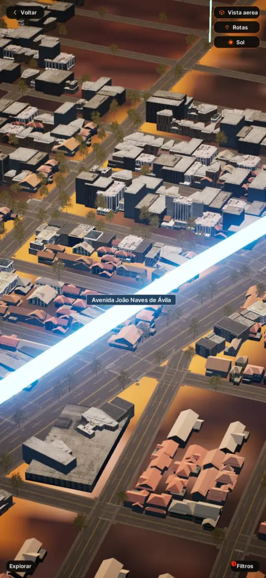 Rota destacada entre os quarteirões em 3D, com o nome da avenida sobre o trajeto