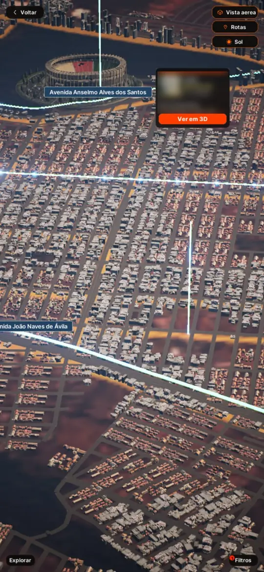Vista ampla do mapa 3D da cidade com rotas até o empreendimento e o card Ver em 3D