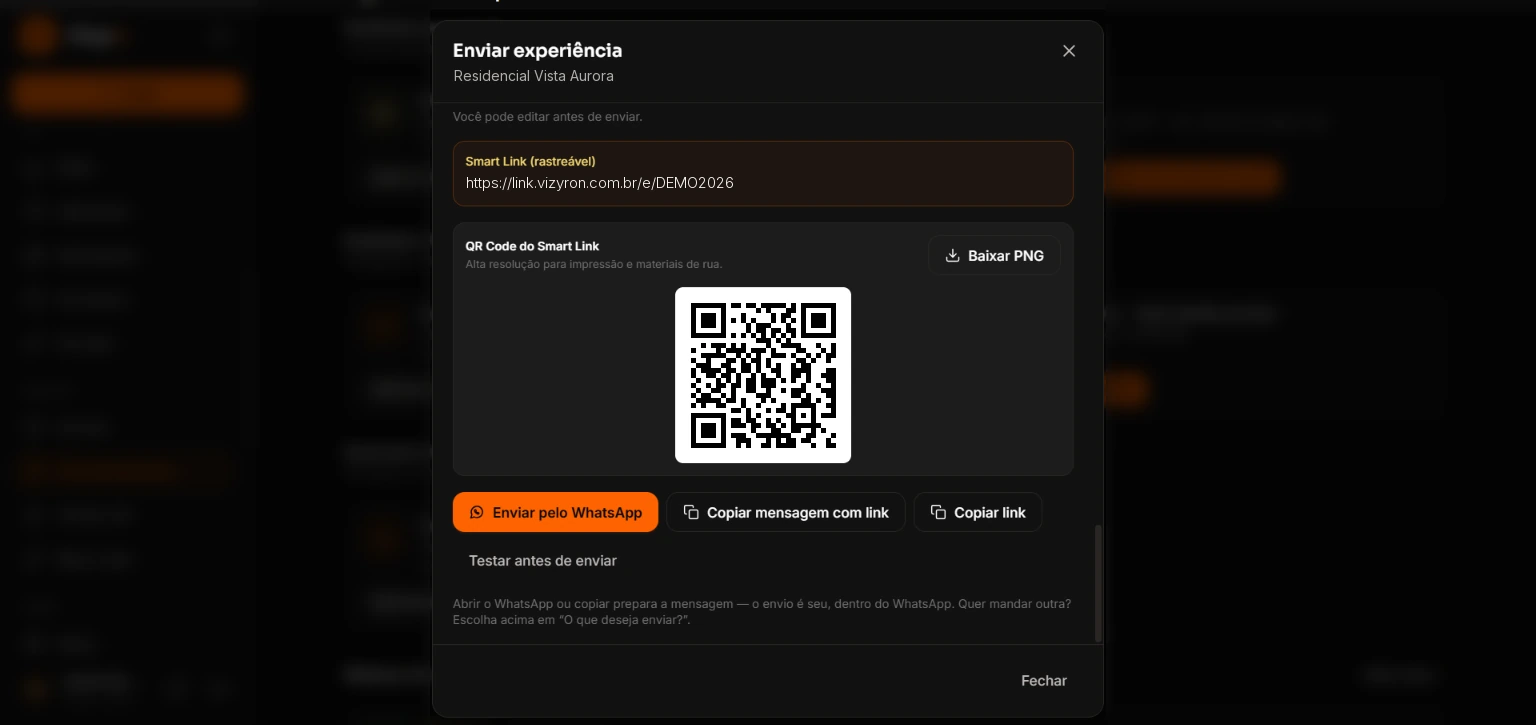 Smart Link rastreável com QR Code para compartilhar a experiência do empreendimento